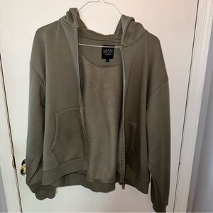 Boohoo Mens Olive Green Zip-Up Hoodie
